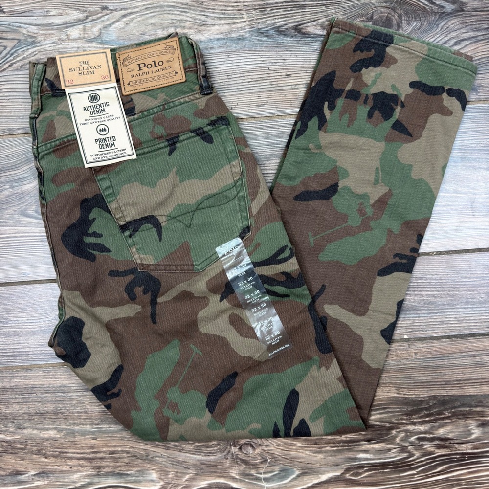 Polo Ralph Lauren Mens 32x30 Sullivan Slim Jeans Green Camo Polo Pony Denim New